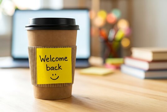 Welcome back coffee cup with sticky note and smiley face on desk with laptop books and office supplies greeting returning to work after vacation or holiday season.