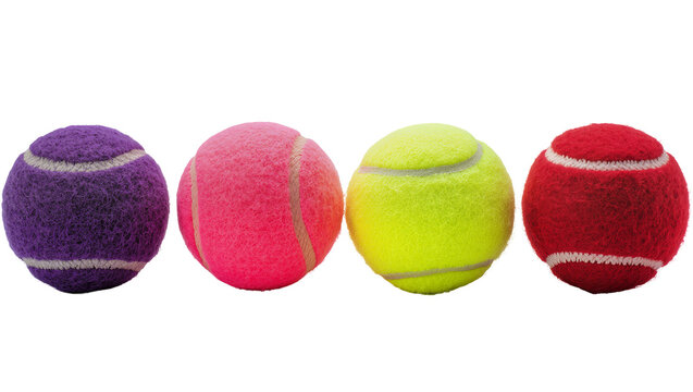 Four colorful tennis balls purple pink yellow, red