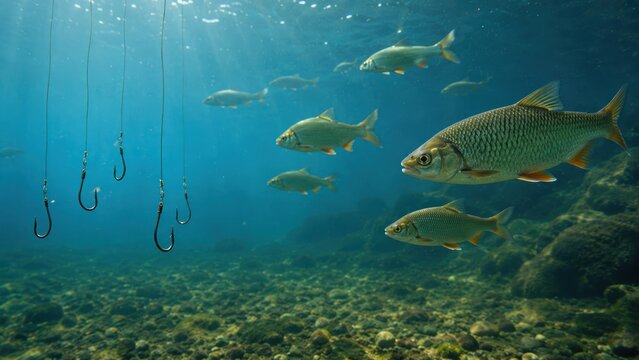 Conceptual image of a fish swimming towards sharp hooks in the water