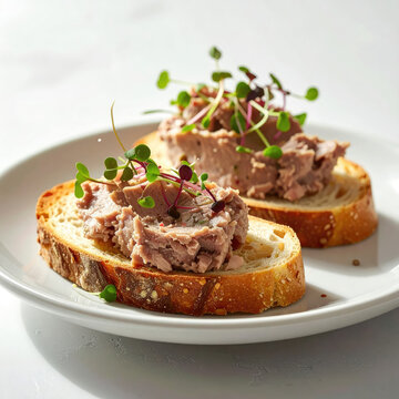Openfaced bread with pt and microgreens on a white plate