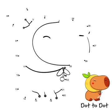 Connect The Dots and Draw Cute capybara in a funny hat. Dot to dot puzzle - cartoon little capybara. Educational Game for Kids. Drawing for Preschool children. Vector Illustration EPS8