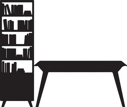 Black silhouette of a bookshelf and a table on a white