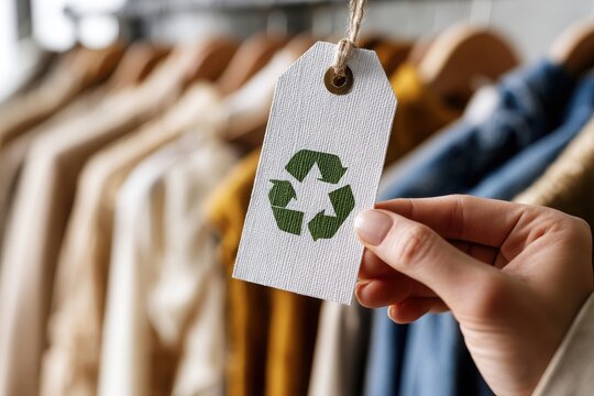 Hand holding a clothing tag with a recycle symbol in front of a blurry clothes rack, promoting sustainable fashion and conscious consumerism.