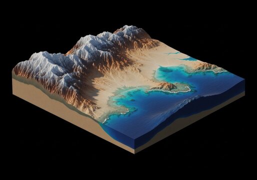 3d isometric cross section of a coastal mountain landscape