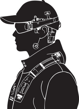 Black silhouette of a man wearing a cap, goggles, and a male