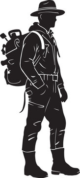 Black silhouette of a man with backpack and hat