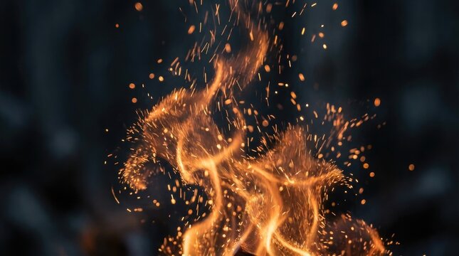 Fire frame with black background and flames concept. A vivid flame with sparks dancing against a dark background.