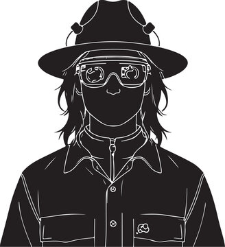 Black silhouette of a person wearing a hat and glasses