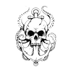 Fototapeta premium Skull Octopus Anchor Illustration, Black and White Vintage Nautical Engraving Vector Art
