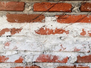 Rustic red brick wall background with rough white mortar texture and weathered surface © suciramadhani