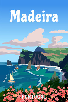 Vintage travel poster Madeira Portugal, tropical resort