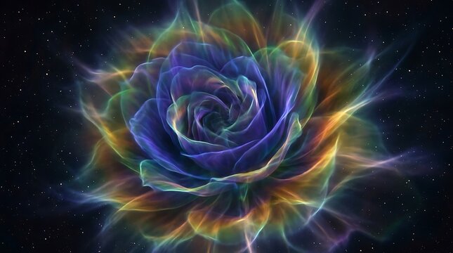 Vibrant glowing nebula flower shaped like a rose with swirling iridescent light patterns and ethereal translucent petals floating deep within the dark infinite starry cosmic space