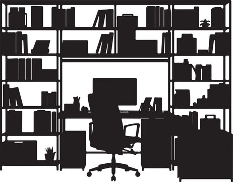 Office workspace silhouette, desk and bookshelves chair