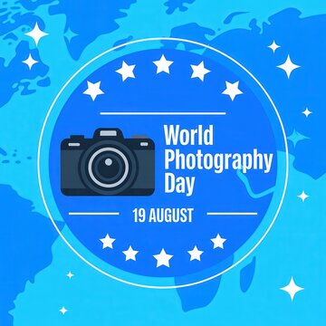 World Photography Day 19 August poster with camera icon and world map background