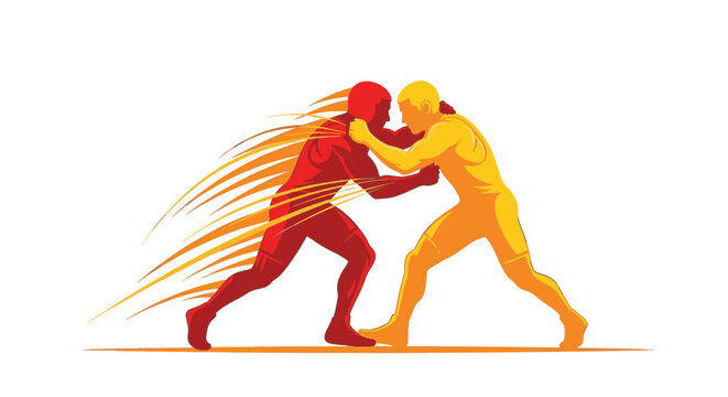 Abstract vector illustration of two professional wrestlers grappling in a competitive match, featuring a red and yellow silhouette with dynamic motion lines on a solid white background.