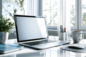 Fototapeta premium Modern laptop on a clean white desk in a bright home office with a window and plant in the background