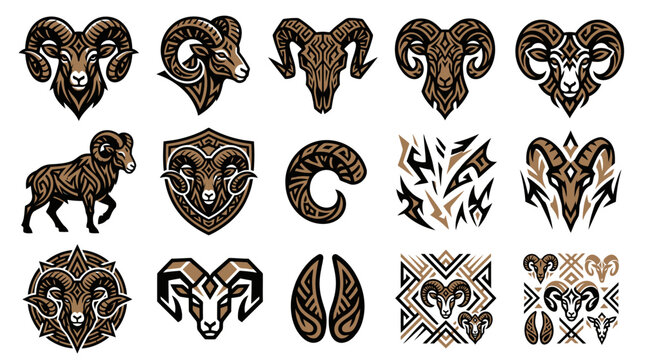 Brown ram head logos and tribal mountain goat emblems.