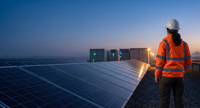 Female engineer inspecting solar panels and battery storage facility