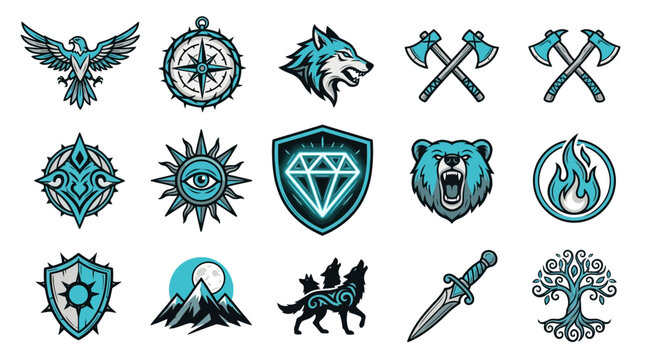 Blue wilderness and adventure themed mascot logo set.