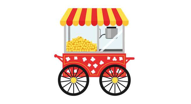 A vibrant popcorn cart vector illustration featuring a classic carnival style design with a red and yellow striped canopy for fairground events