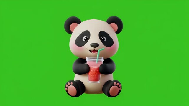 Cute panda character drinking from a straw on green screen background with cinematic motion