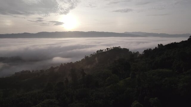 Drone view of a massive sea of clouds at sunrise in Sajek Valley Bangladesh