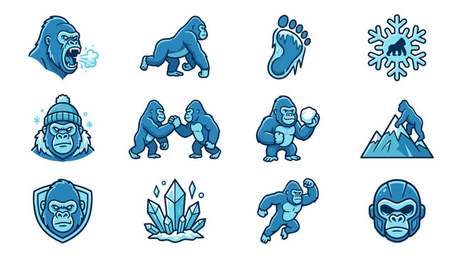 Blue winter gorilla and ice crystal icon set.