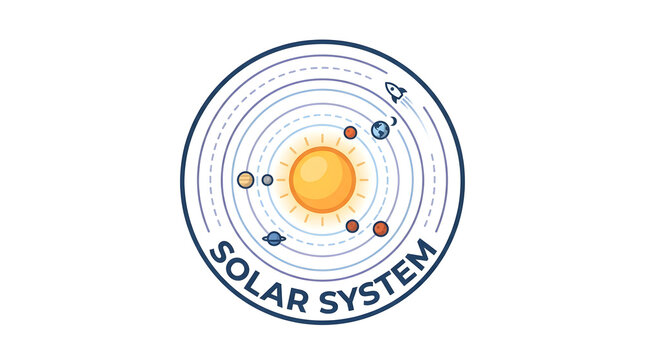 Solar system circular icon with sun, planets, and a rocket in orbit design.