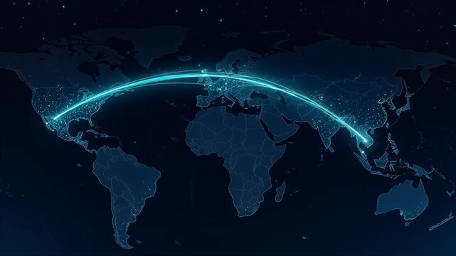 Dynamic glowing light trails animate across a dark world map connecting continents, symbolizing global connectivity, travel, and digital networks across vast distances.