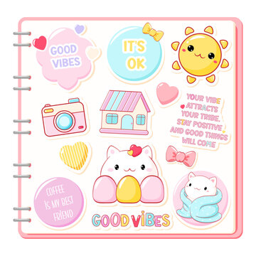 Good vibes. Vector Set of sticker for scrapbooking in kawaii style. Cute tag, label with cat, heart, speech bubble, house. Collection of cozy sticker. Can be used for t-shirt print, sticker, badge