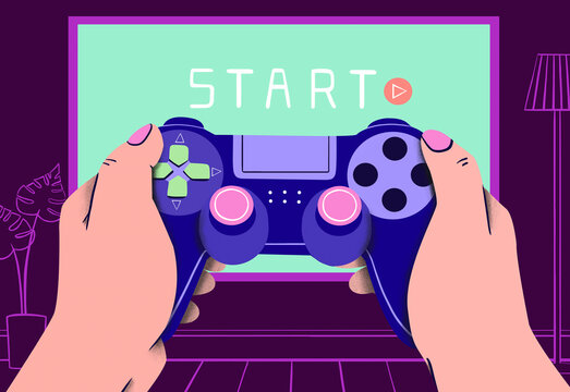 Hands of woman holding gamepad and playing video game at home