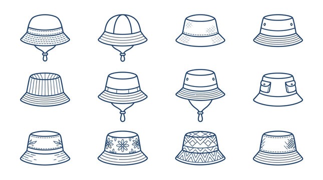 Bucket hat line art icon set.