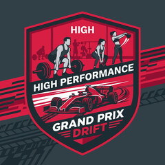 Obraz premium High Performance Grand Prix Drift Emblem With Athletes And Race Car
