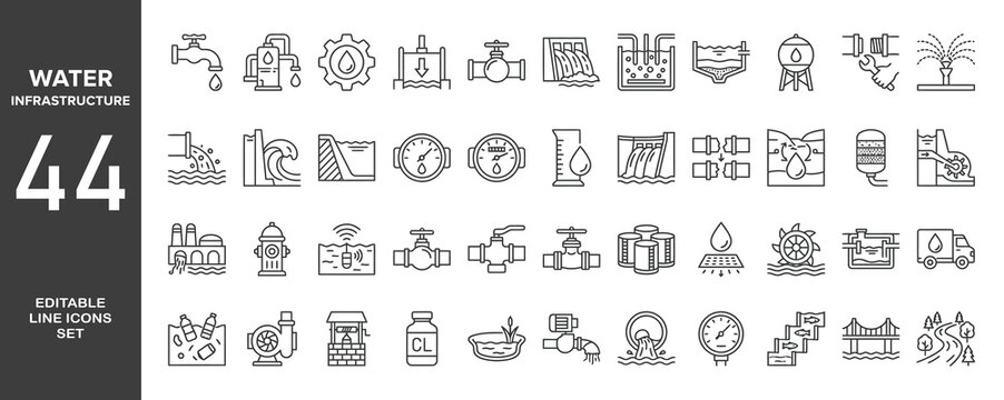 Set of 44 outline icons related to water infrastructure.  Linear icon collection. Editable stroke. Vector illustration	