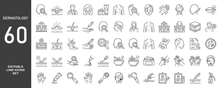 Set of 60 outline icons related to dermatology. Linear icon collection. Editable stroke. Vector illustration