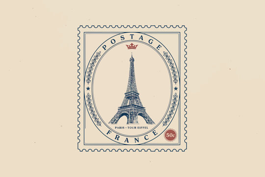 Vintage postage stamp featuring eiffel tower and french text, blue and red colors paris france