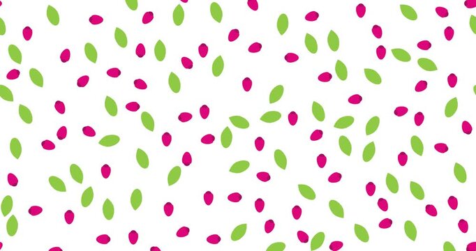Abstract seamless pattern with scattered pink floral petals and green leaf shapes on white background, suitable for minimal spring or summer design themes and decor.