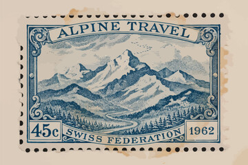 Obraz premium Vintage swiss postage stamp featuring alpine mountain landscape, 1962 vintage postage stamp swiss stamp