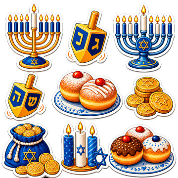 Hanukkah Stickers AI Generated Clipart Bundle | Jewish Holiday PNG Set