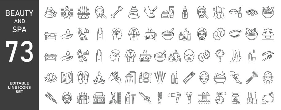 Set of 73 outline icons related to beauty and spa. Linear icon collection. Editable stroke. Vector illustration
