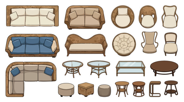 Modern living room furniture set, top view interior design elements, 22 vector icons of sofas, armchairs, and coffee tables for floor plan layouts