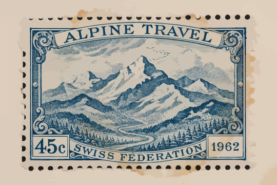 Vintage swiss postage stamp featuring alpine mountain landscape, 1962 vintage postage stamp swiss stamp