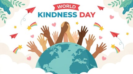 Naklejka premium Diverse hands raised in unity above planet earth for world kindness day celebration with paper planes background.