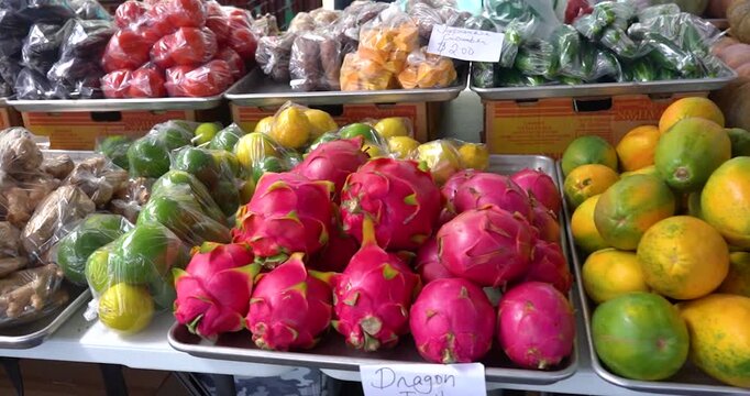 Fresh tropical fruit and vegetables at Hilo Farmers Market, Big Island, Hawaii