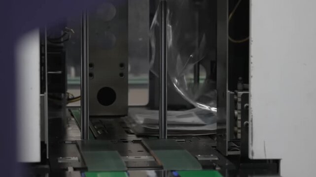 Freshly printed newspapers automatically stacked and collated on conveyor inside automated bundling wrapping machine in print plant mailroom
