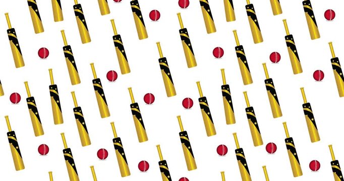 Seamless animation of yellow and black cricket bats and red balls moving diagonally across a white background, ideal for sports presentations and creative digital projects.
