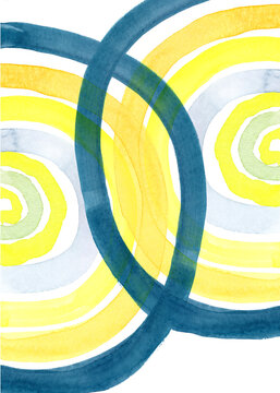 Abstract watercolor pattern with entwined yellow and blue arcs