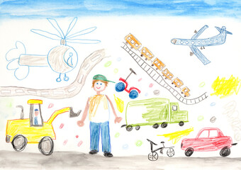 Colorful drawing of traffic and transportation