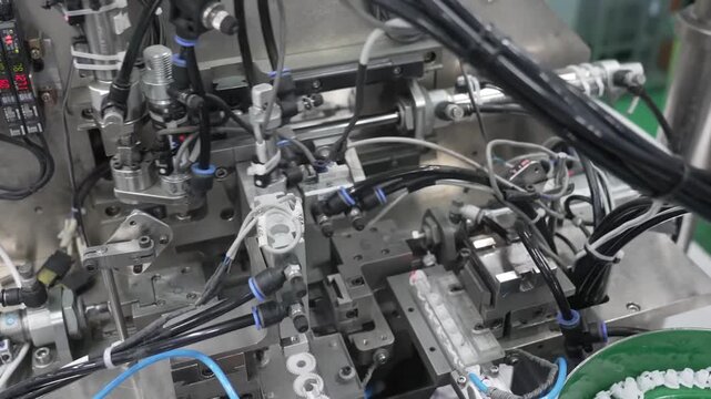 Complex automated assembly machine with pneumatic actuators and sensors assembling correction tape cartridges in Japanese stationery manufacturing plant