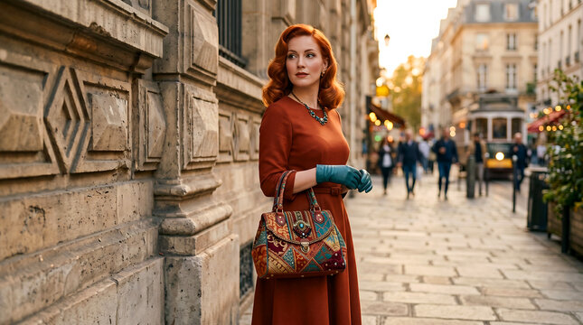 Elegant redheaded woman wearing a stylish vintage dress and leather gloves carrying a patterned designer handbag while walking along a historic European stone city street